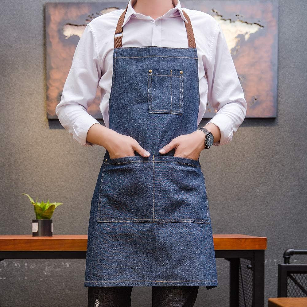 Unisex Adjustable Multi Pocket Denim Apron for Chef Kitchen BBQ and Studio