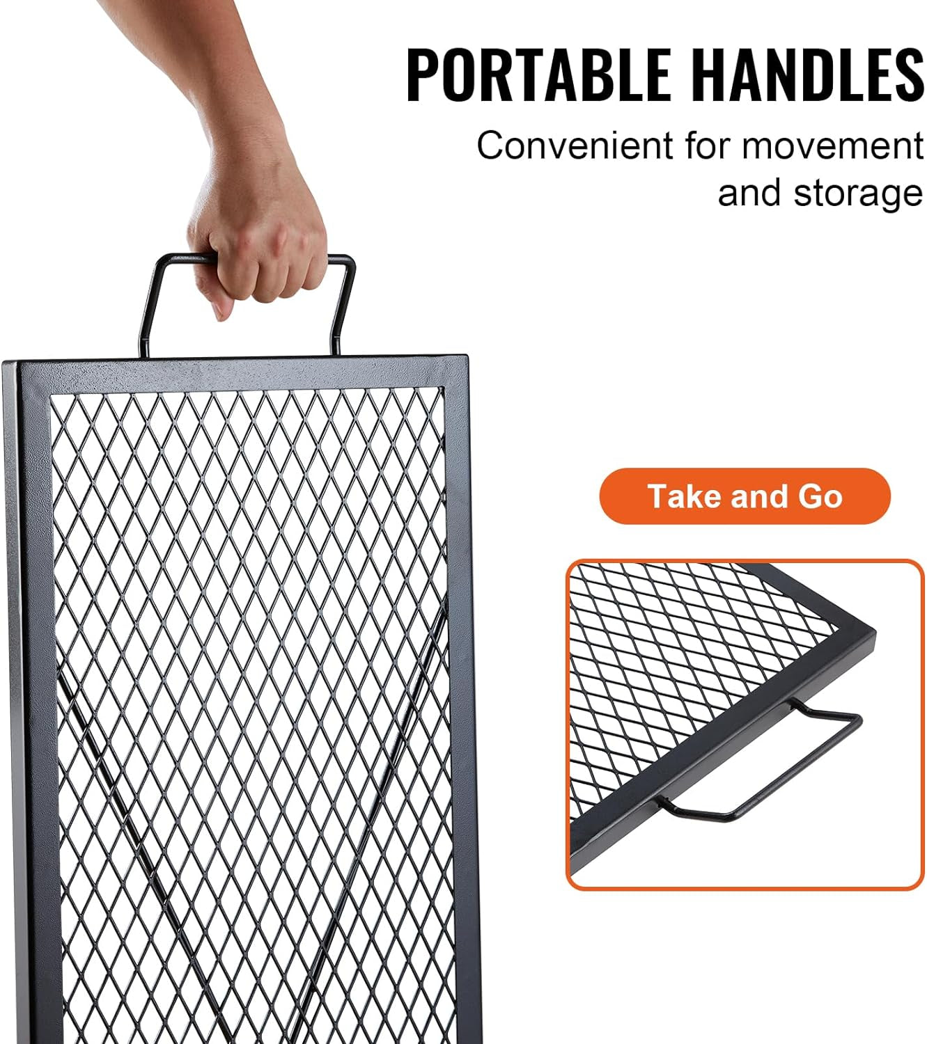 VEVOR X-Marks Fire Pit Grill Grate, Rectangle Cooking Grate, Heavy Duty Steel Campfire BBQ Grill Grid with Handle & Support X Wire, Portable Camping Cookware for outside Party Gathering, 44 Inch Black