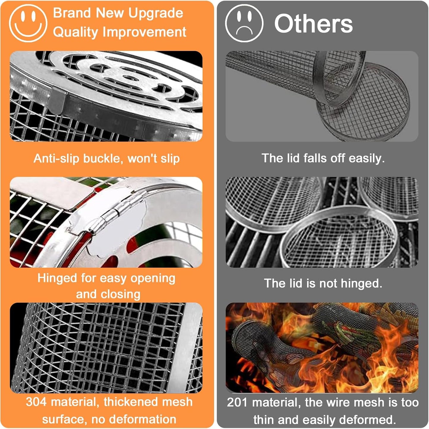 Rolling Grilling Baskets for Outdoor Grill 2 Pcs,Removable Wooden Handle,Perfect Gifts for Men Dad Husband,Portable Camping Nesting Grill Baskets for Fish, Shrimp, Meat, Vegetables