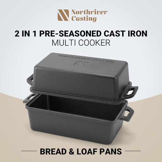 9×5 Inch Cast Iron Loaf Pan with Lid | Bread Baking Pans | Even Heat Distribution for Homemade Bread, Cake, Meatloaf, 2 Piece Set