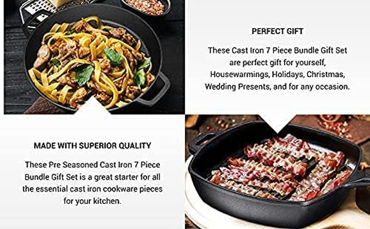 Pre Seasoned Cast Iron 7 Piece Bundle Gift Set, Double Dutch, Rectangular Grill Pan, Wok, Large Skillet, Square Grill Pan & Chainmail, Camping Cookware Set