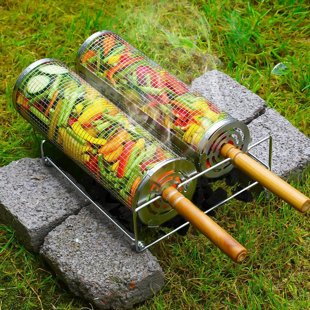 Rolling Barbecue Cage Large Stainless Steel Grilling Basket for Outdoor BBQ Mesh Net Tube Cooking Accessories for Vegetable Fish Camping Gift for Men Dad Husband Housewarming Perfect BBQ Tool