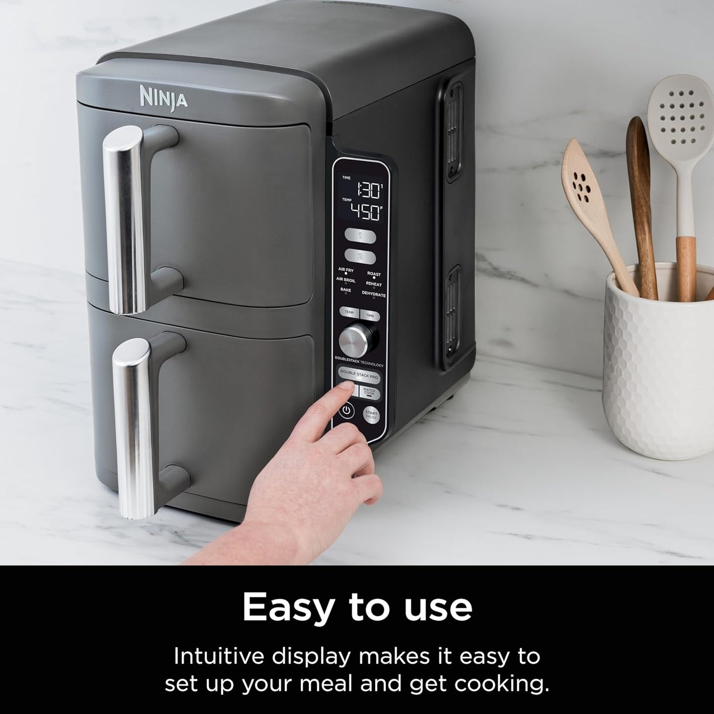 Ninja Air Fryer, 10QT Doublestack XL 2-Basket, Compact Design, Cooks 5Lb Whole Chicken, Feeds up to 8 People, 6-In-1 Air Fryer, Roast, Bake & More, Easy to Clean, Dishwasher Safe Parts, Grey, SL401