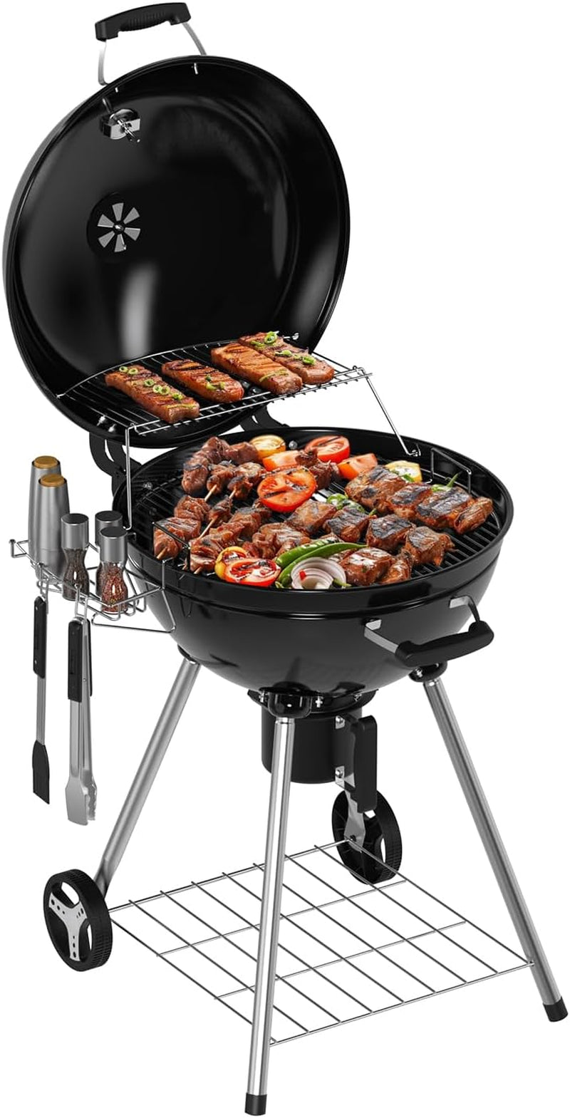 22 Inch Premium BBQ Charcoal Grill, Outdoor Barbecue Kettle Grill, Smoker Grills over 500 Square Inches 2-Tier Cooking Space, Perfect for Outdoor BBQ Party and Patio, Black