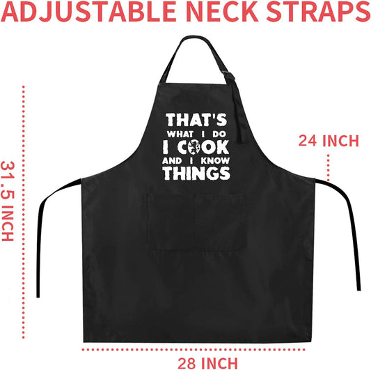 Rosoz Funny BBQ Black Chef Aprons for Men, I Cook and I Know Things Adjustable Kitchen Cooking Aprons with Pocket Waterproof Oil Proof Father’S Day/Birthday