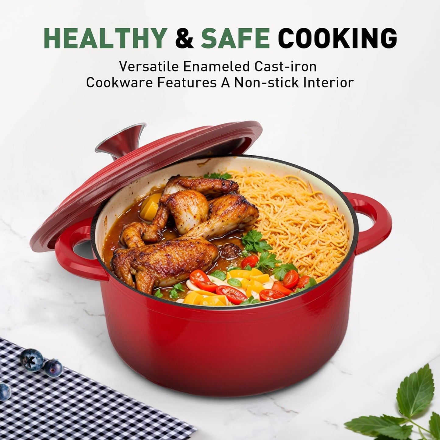 Kitchen Academy Enameled Cast Iron Cookware Set - 7 Piece Pots and Pans Set Nonstick - Skillet, Deep Frying Pan, Wok,Saucepan and Dutch Oven, Heavy Duty Oven Safe up to 500° F or on All Stovetop