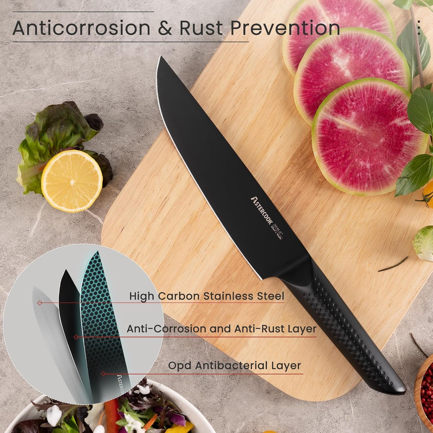 Astercook Knife Set, 15 Pieces Kitchen Knife Sets with Block and Built-In Knife Sharpener, German Stainless Steel Handle One-Piece Design Knives Block Set Dishwasher Safe, Black