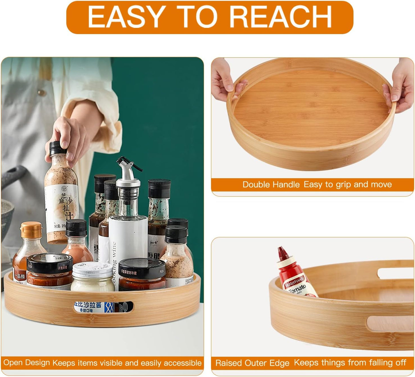 Lazy Susan Organizer 14 Inch, Bamboo Lazy Susan for Table, Kitchen Turntable Organizer with Double Handles, round Wood Rotating Turntable Spice Organizer for Countertop Cabinet or Pantry