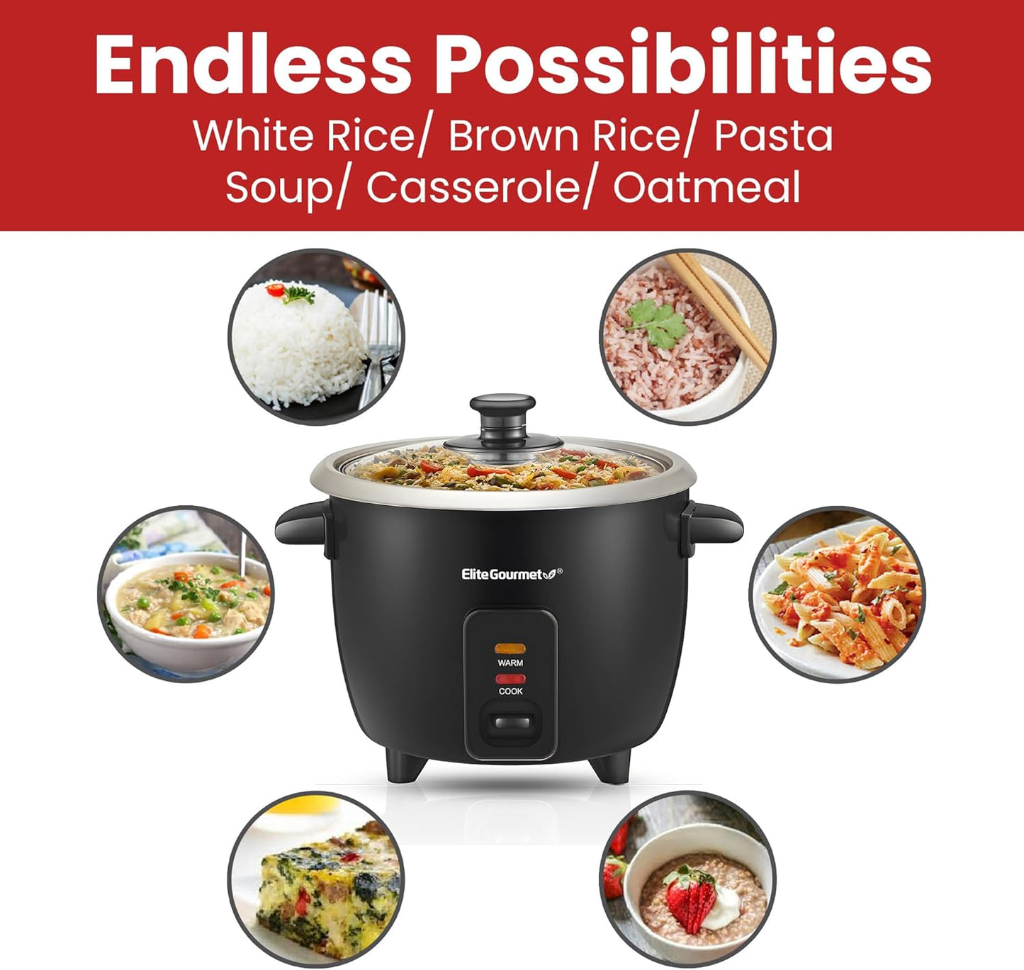 Elite Gourmet ERC003B Electric Rice Cooker with Automatic Keep Warm Makes Soups, Stews, Grains, Hot Cereals, 6 Cups Cooked (3 Cups Uncooked), Black