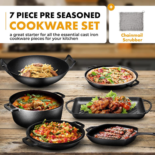 Pre Seasoned Cast Iron 7 Piece Bundle Gift Set, Double Dutch, Rectangular Grill Pan, Wok, Large Skillet, Square Grill Pan & Chainmail, Camping Cookware Set
