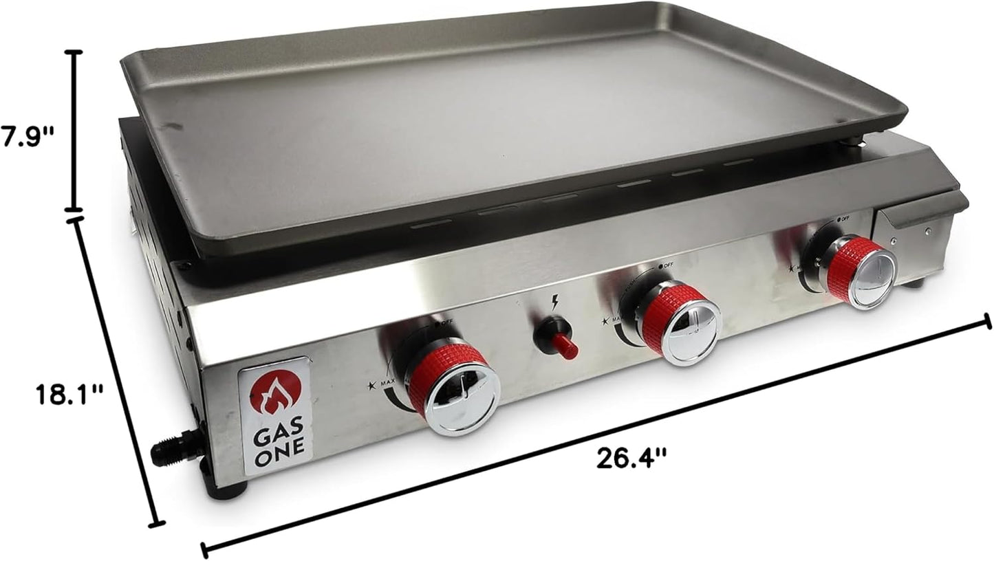 Gas One Flat Top Grill with 3 Burners Auto Ignition Propane Portable Stainless Steel Tabletop Grill with Pre Season Griddle Convenient Drip Tray Ideal for RV, Camping