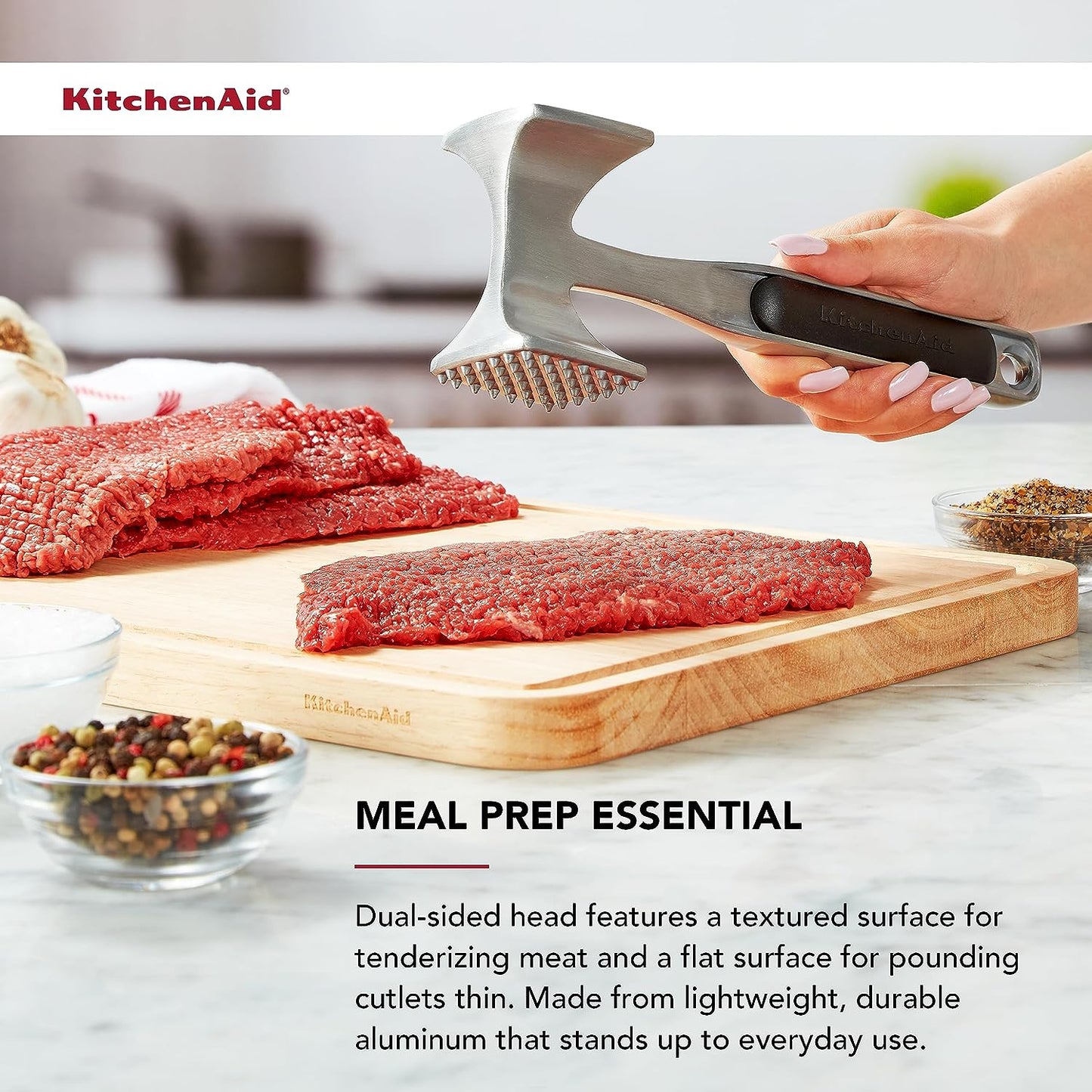 Kitchenaid Gourmet Multi Sided Meat Tenderizer for Pounding Meats, Nuts, Shellfish, Ect, Hang Hole for Easy Storage, Hand Wash, One Size, Black