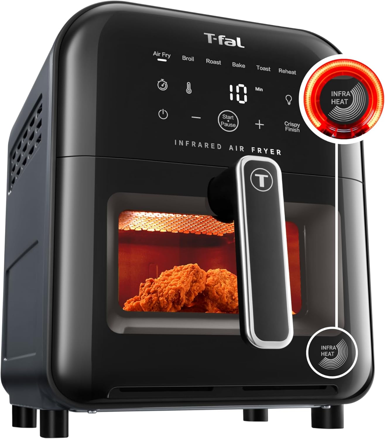 T-Fal Infrared Air Fryer: 6 Qt Digital Touch Screen, 7-In-1 Cooking Functions, 45-Seconds to Reach 750°F on Carbon Fiber Heater Surface, No-Shake Technology, Crispy Finish, 1550W, Black