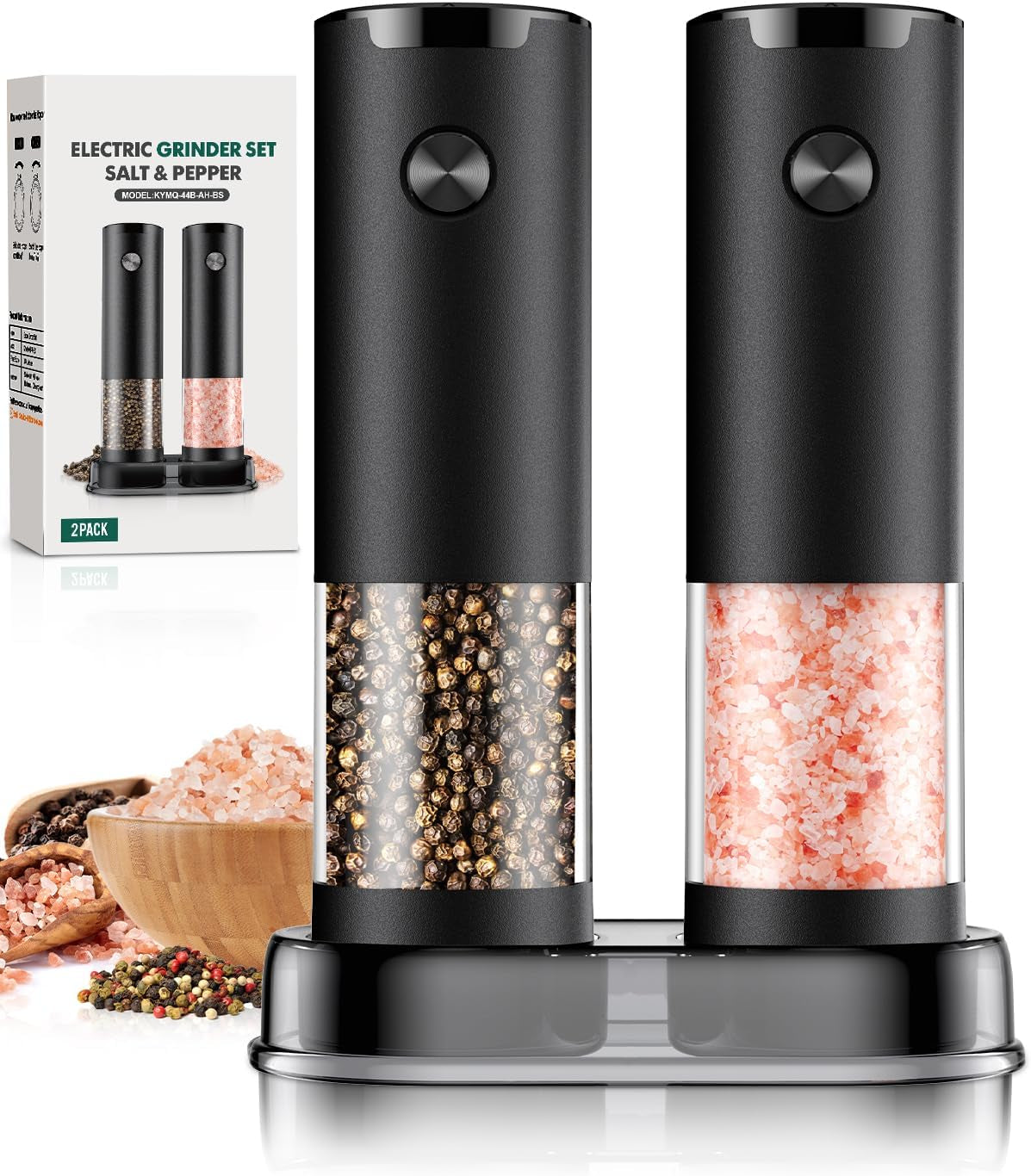 Electric Salt and Pepper Grinder Set Automatic Battery Pepper Mill Shakers Adjustable Coarseness Easy Filling Upgraded Larger Capacity with Led (2 Pack Black/Black)
