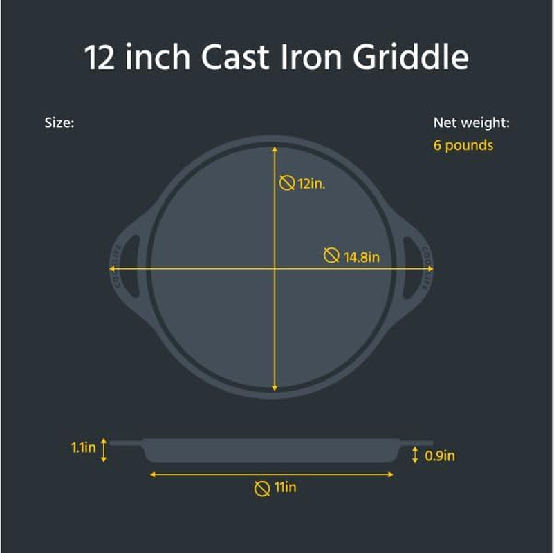 12 Inch Lightweight Pre-Seasoned Cast Iron Griddle with Cleaning Kit - Smooth Polished Surface, Easy to Clean Cast Iron Skillets Use in the Oven, on the Stove or Grill, over a Campfire