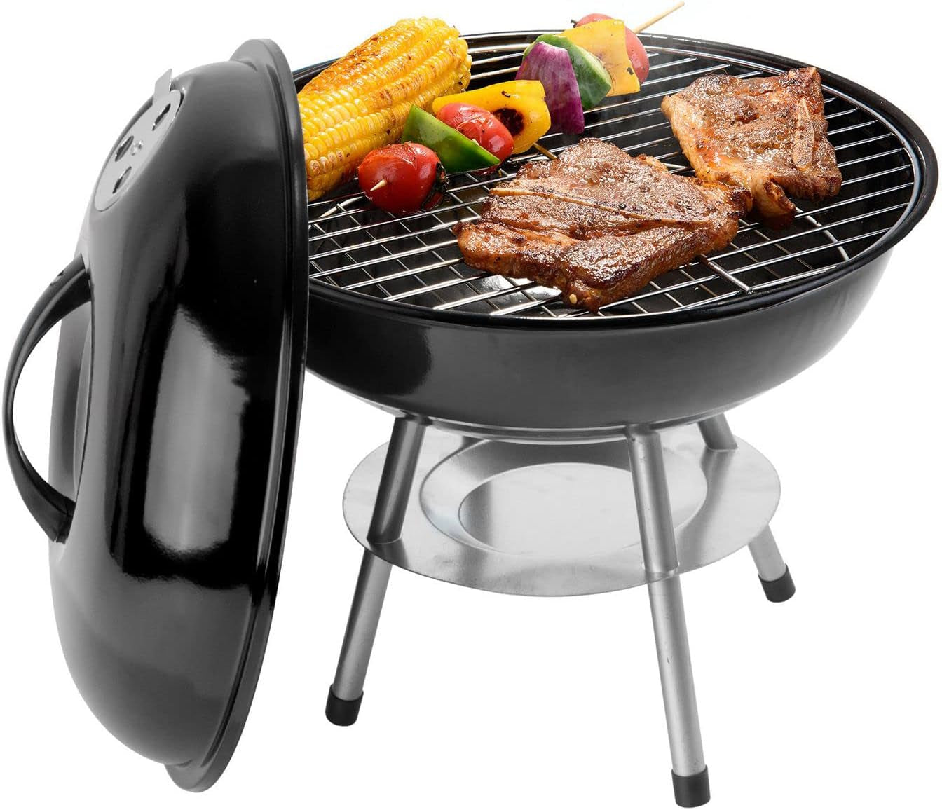 Alpine Cuisine Premium 14" Charcoal BBQ Grill round for Outdoor Cooking, Barbecue Coal Kettle Bowl Grill Portable Heavy Duty round with Legs Grilling for Tailgating Patio Backyard Camping - Black