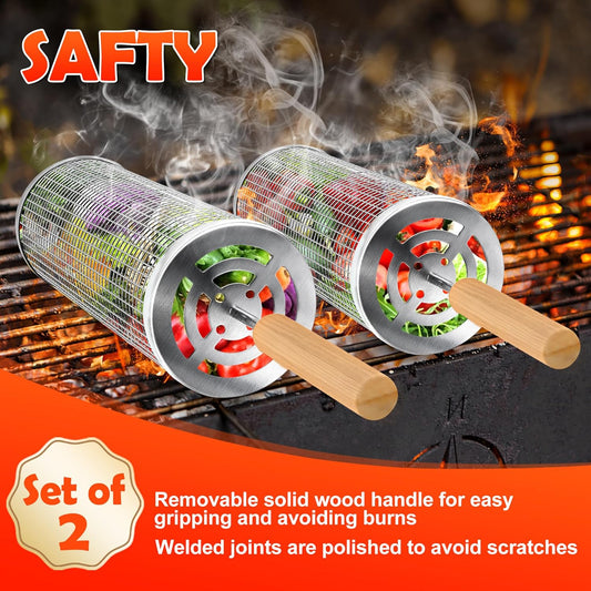 2PCS Stainless Steel Rolling Grill Baskets for Outdoor BBQ | Heavy-Duty Grilling Basket with Locking Handle | round Grill Accessories for Fish, Meat, Vegetables | BBQ Gifts for Men & Grill Enthusiasts