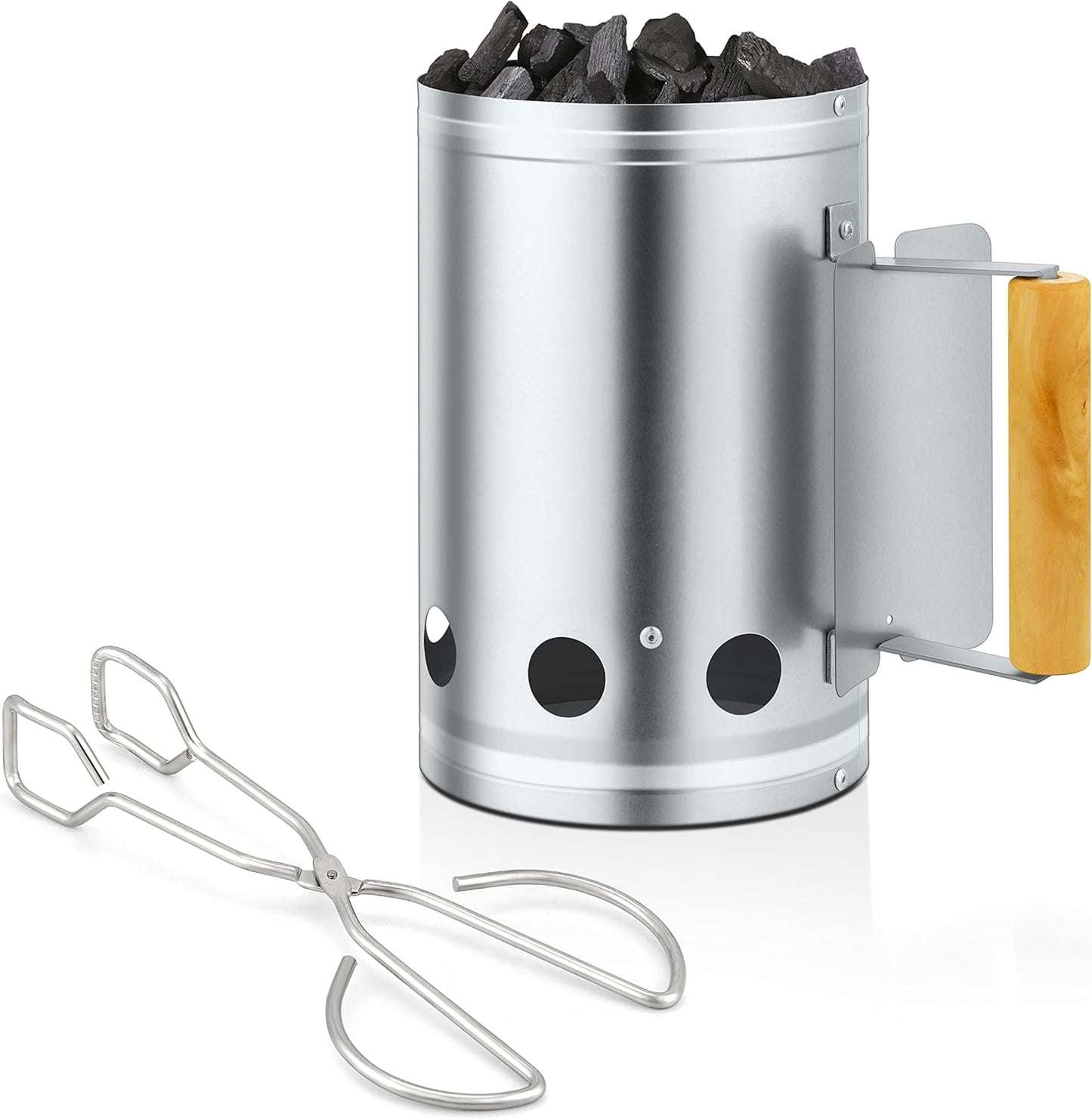 Joyfair Charcoal Chimney Starter with Clamp Set, Portable BBQ Grill Fire Starter for Outdoor Camping/Grilling/Cooking, Heavy Duty & Air Inlet Design, Heat Shield & Wooden Handle, plus Screwdriver
