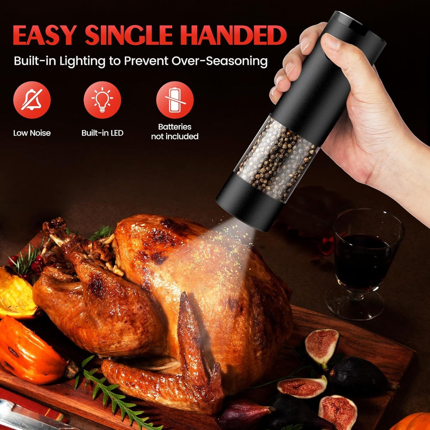 Electric Salt and Pepper Grinder Set Automatic Battery Pepper Mill Shakers Adjustable Coarseness Easy Filling Upgraded Larger Capacity with Led (2 Pack Black/Black)
