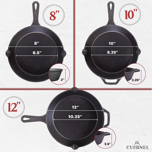 Cuisinel Cast Iron Skillets Set with Lids - 8"+10"+12"-Inch Pre-Seasoned Covered Frying Pan Set + Silicone Handle and Lid Holders + Scraper/Cleaner - Use Cookware Indoor/Outdoor, Oven, Stovetop, Fire