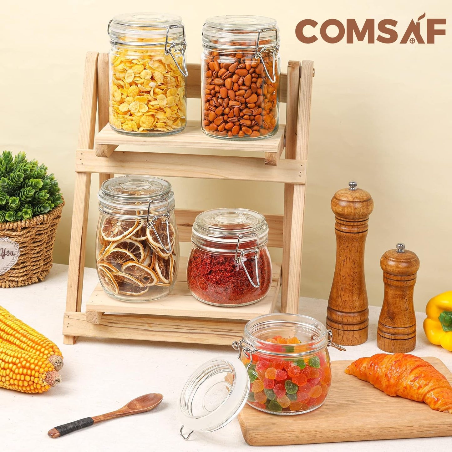 Comsaf Airtight Glass Canister Set of 6 with Lids 17Oz Food Storage Jar round - Storage Container with Clear Preserving Seal Wire Clip Fastening for Kitchen Canning Cereal,Pasta,Sugar,Beans,Spice