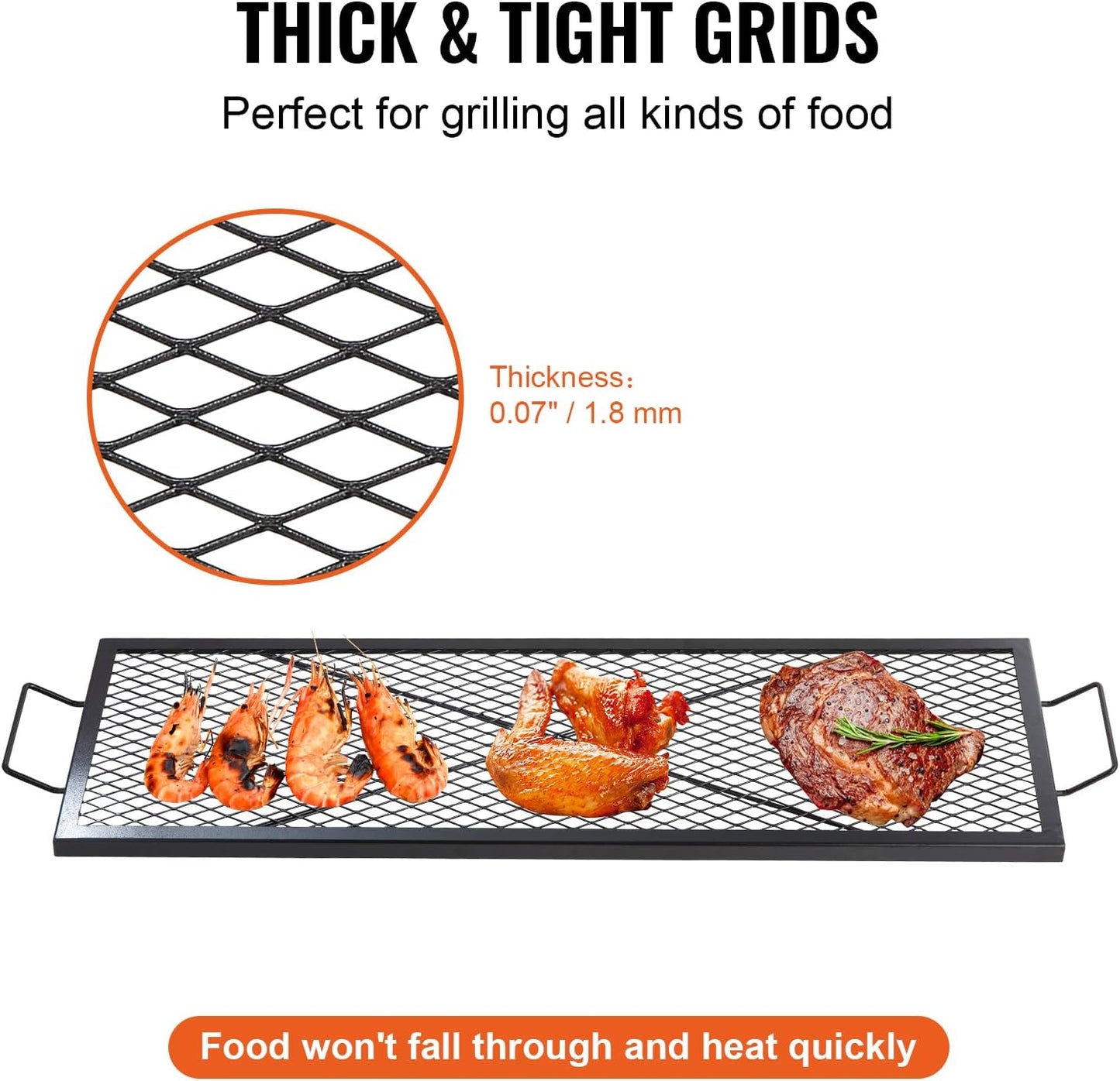 VEVOR X-Marks Fire Pit Grill Grate, Rectangle Cooking Grate, Heavy Duty Steel Campfire BBQ Grill Grid with Handle & Support X Wire, Portable Camping Cookware for outside Party Gathering, 44 Inch Black