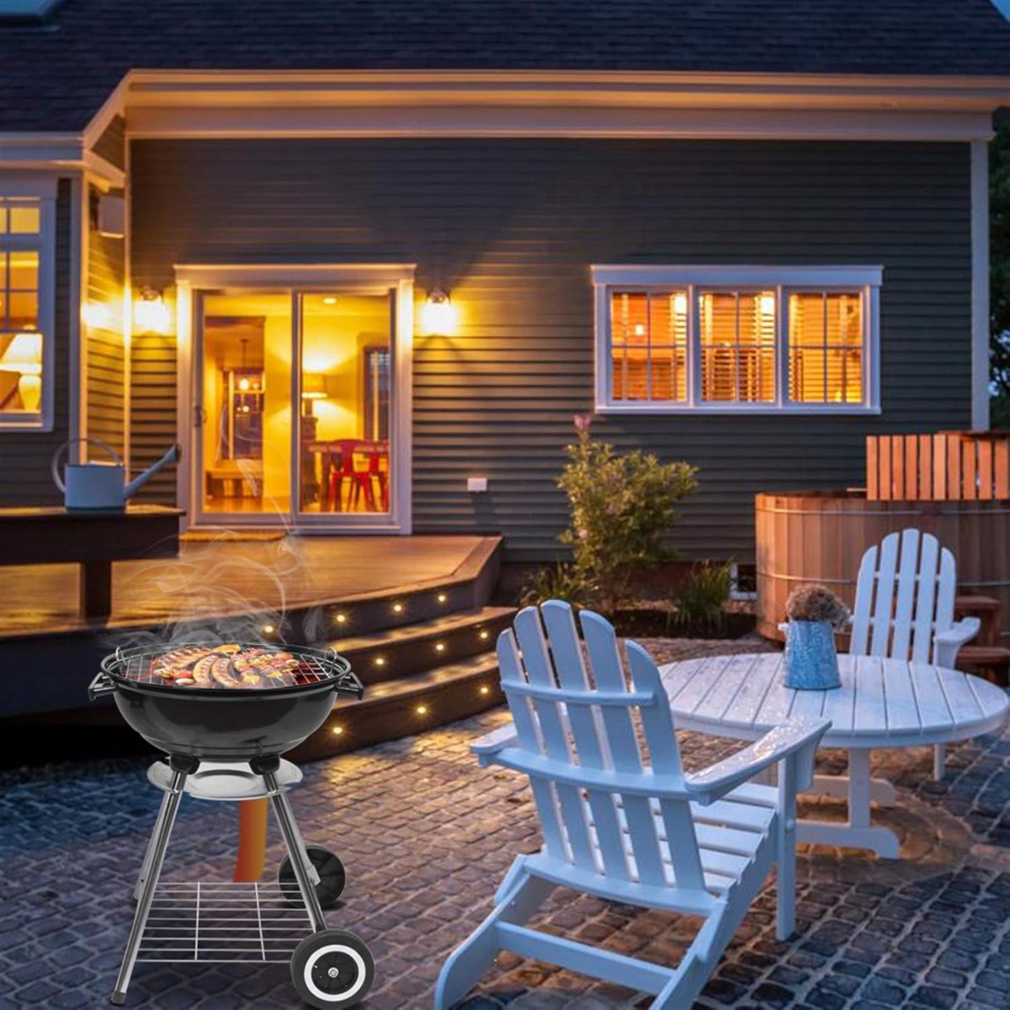 18“ Charcoal Grill with Wheels for Outdoor Cooking Barbecue Camping BBQ Coal Kettle Grill Tailgating Portable Heavy Duty round with Thickened Grilling Bowl Wheels, Black