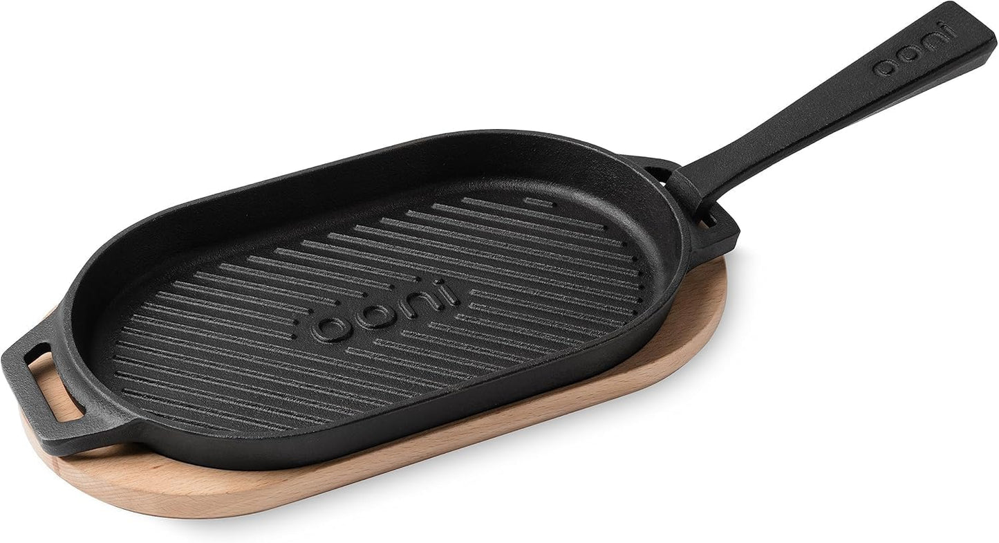 Ooni Cast Iron Grizzler Pan - Grill Frying Pan, 12" X 6" Griddle Plate with Removable Handle and Bamboo Trivet, Pre-Seasoned Non-Stick Oven Safe Cookware, Pizza Oven and BBQ Accessories