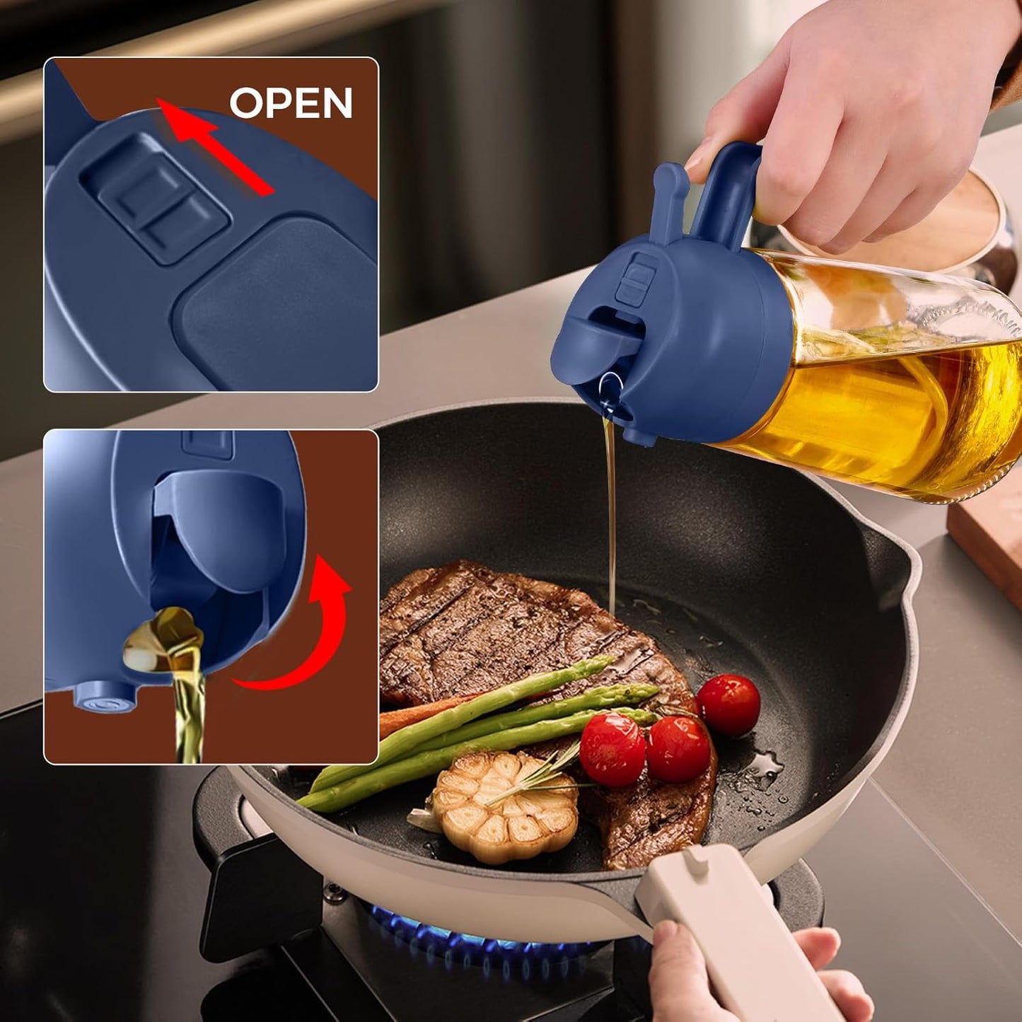 YRRAMATE 16Oz/470Ml Glass Olive Oil Sprayer for Cooking with Stickers, 2 in 1 Oil Dispenser for Kitchen Gadgets, Food Grade Premium Spray Bottle with Portion Control for Salad, BBQ (Navy)