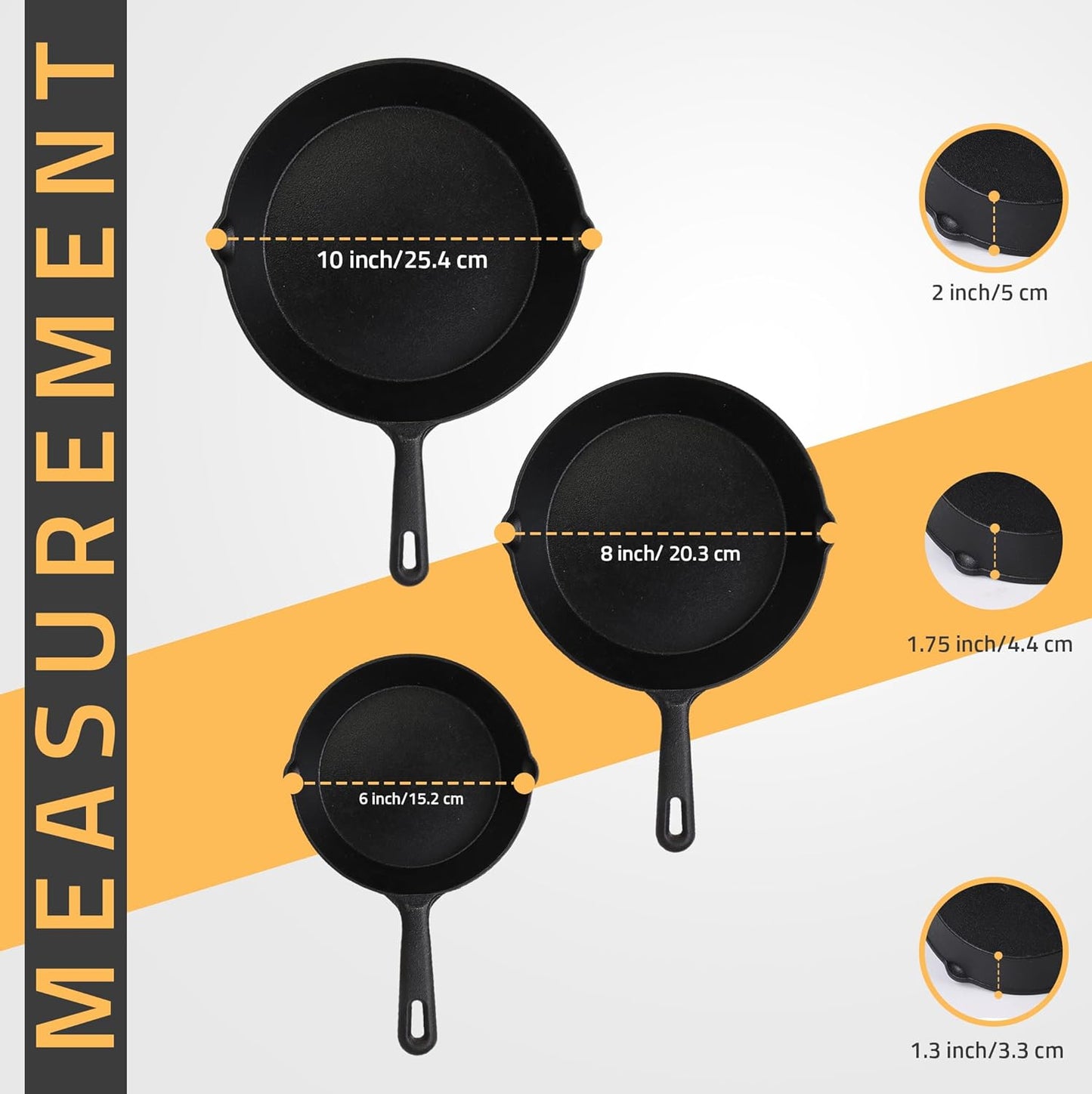 Utopia Kitchen Cast Iron Skillets 3 Piece Set, Chefs Pan, Pre Seasoned Cast Iron Skillets, 6, 8 & 10 Inches, Easy Use in the Oven, Stove, Grill, or Campfire, Black