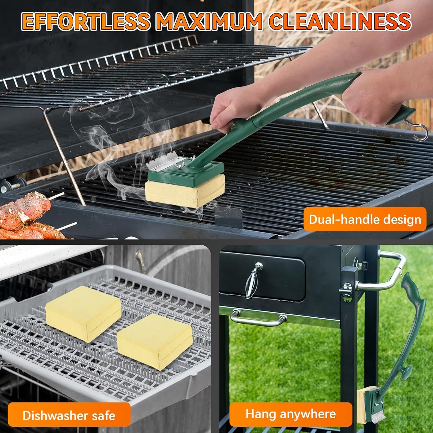 Grill Brush Bristle Free with Scraper,22" Extra Long Steam Grill Brush for Outdoor Grill,Replaceable Cleaning Head,Safe Grill Cleaner for Cast Iron/Stainless-Steel Grates,Ideal BBQ Gifts for Men Dad