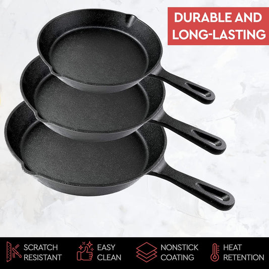 Cast Iron Skillet 3-Piece Set - Heavy-Duty Professional Restaurant Chef Quality Pre-Seasoned Pan Cookware Set - 10", 8", 6" Pans - for Frying, Saute, Cooking, Pizza & More,Black