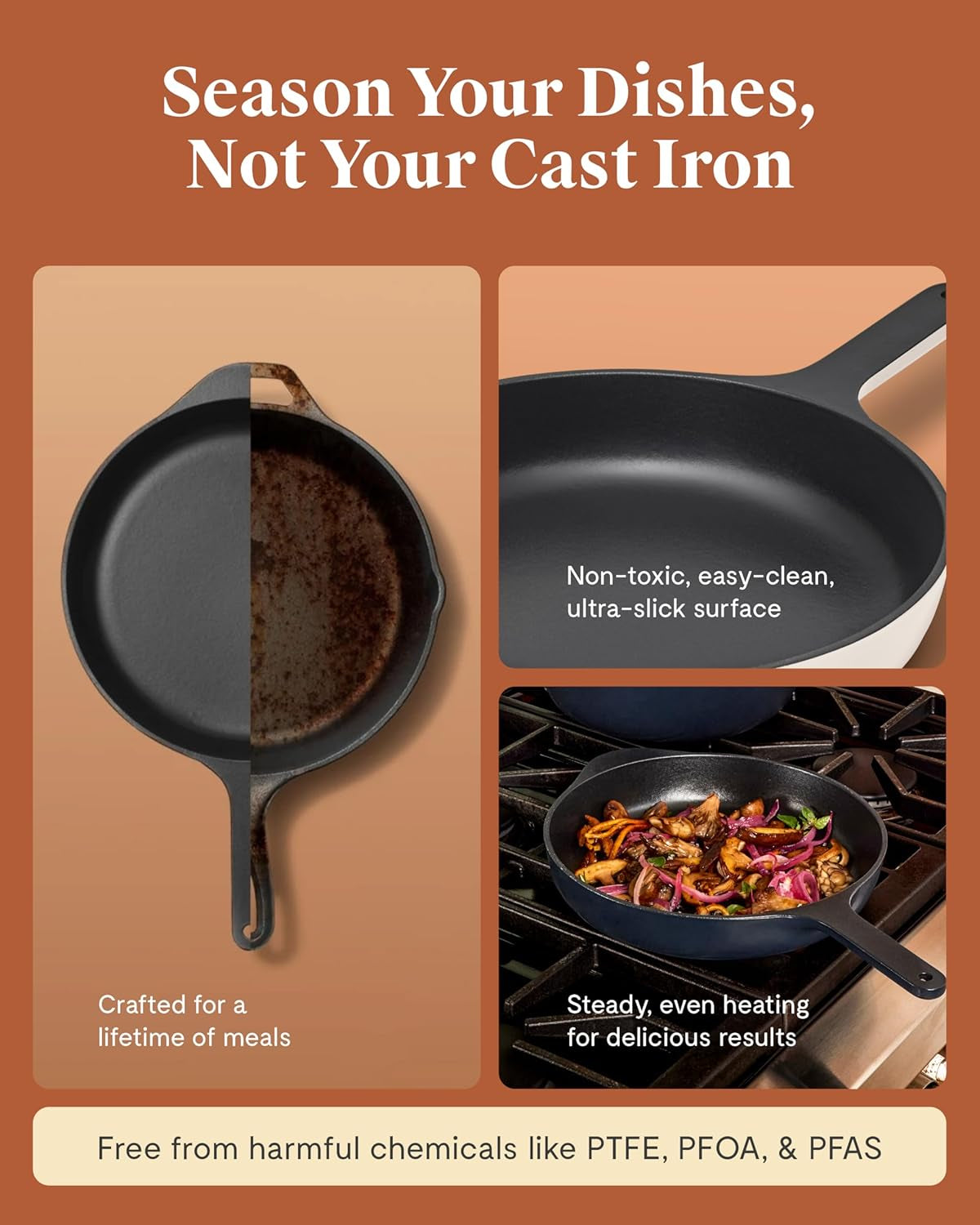 Caraway Cast Iron Skillet - 10.5” Enameled Cast Iron Pan with 3 Layer Enamel Coating - No Seasoning Required - Compatible with All Stovetops - Free from Forever Chemicals - Charcoal