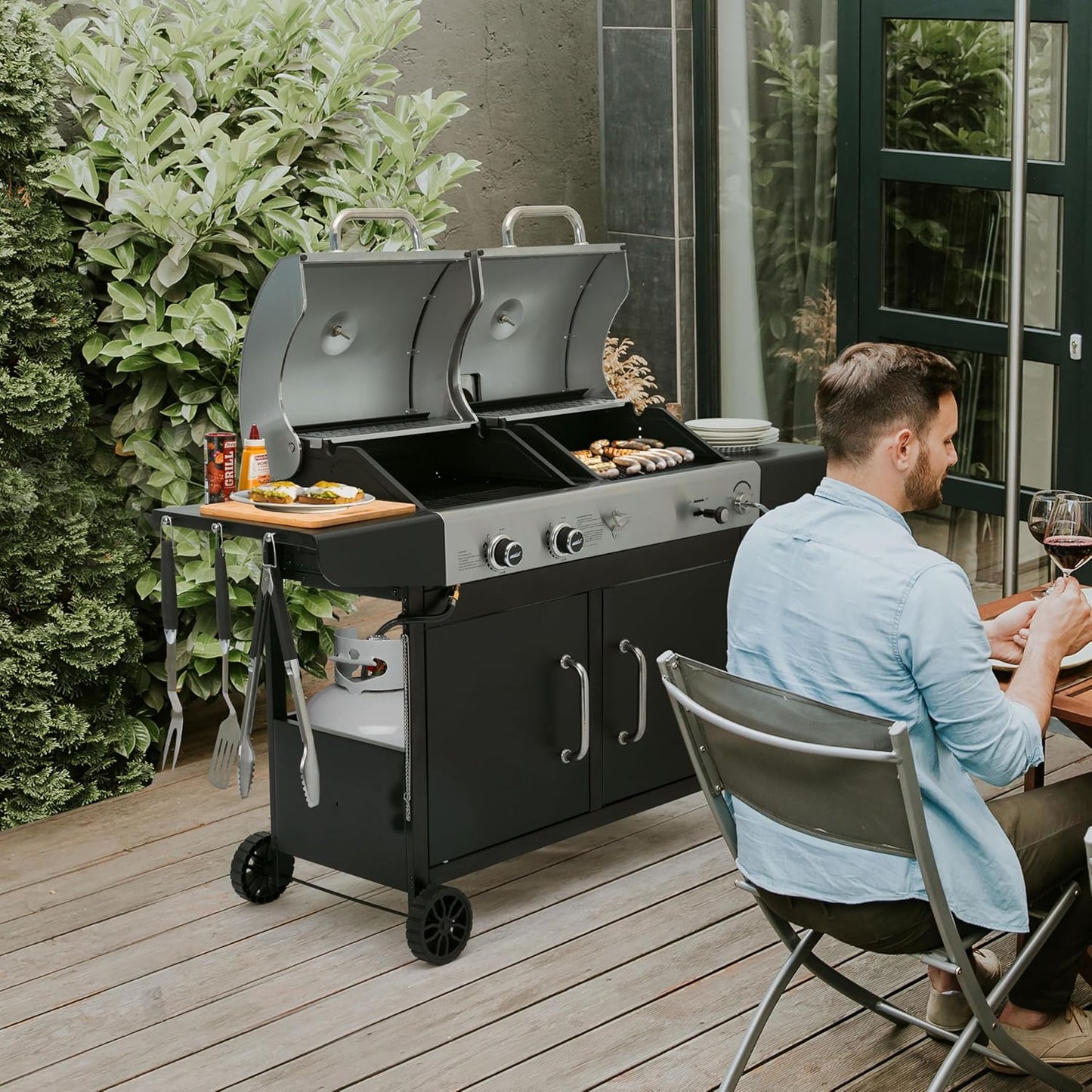 Royal Gourmet ZH3002N Propane Gas and Charcoal Grill Combo, Dual Fuel BBQ Grill with 2 Side Shelves for Outdoor Patio Garden Backyard Barbecue, 20,000 Btus, Silver & Black