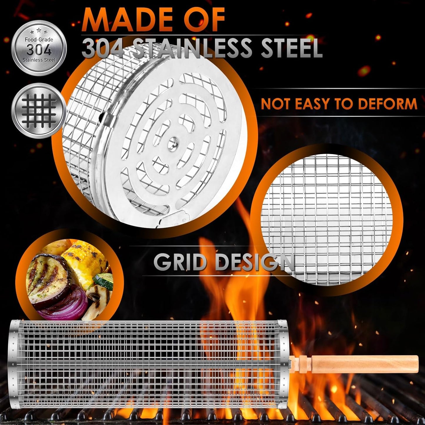 Rolling Grill Baskets for Outdoor Grill, Nesting Grill Baskets with Wood Handle Stainless Tube round Rolling Grill Net Rolling Basket for BBQ Cooking Camping