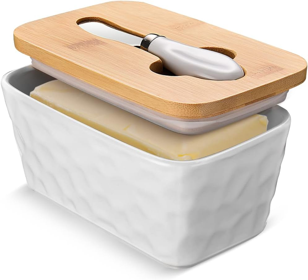 Butter Dish with Lid, Large Butter Dish for Countertop, Ceramic Butter Container with Knife Double Silicone Seal Unique Stone Butter Dishes with Covers for Farmhouse Kitchen Decor Home Decor White
