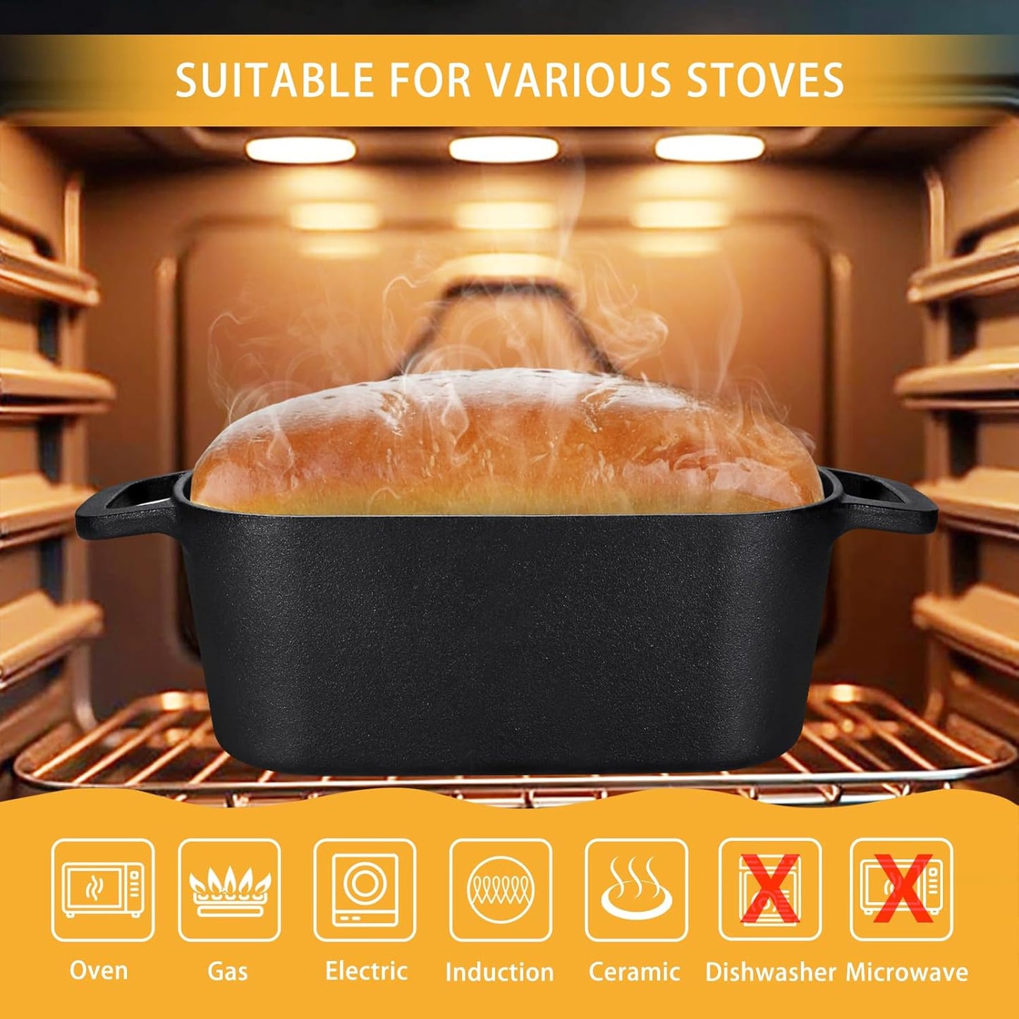 3.6QT Oval Dutch Oven for Bread Baking - Pre-Seasoned Cast Iron Sourdough Bread Pan with Lid