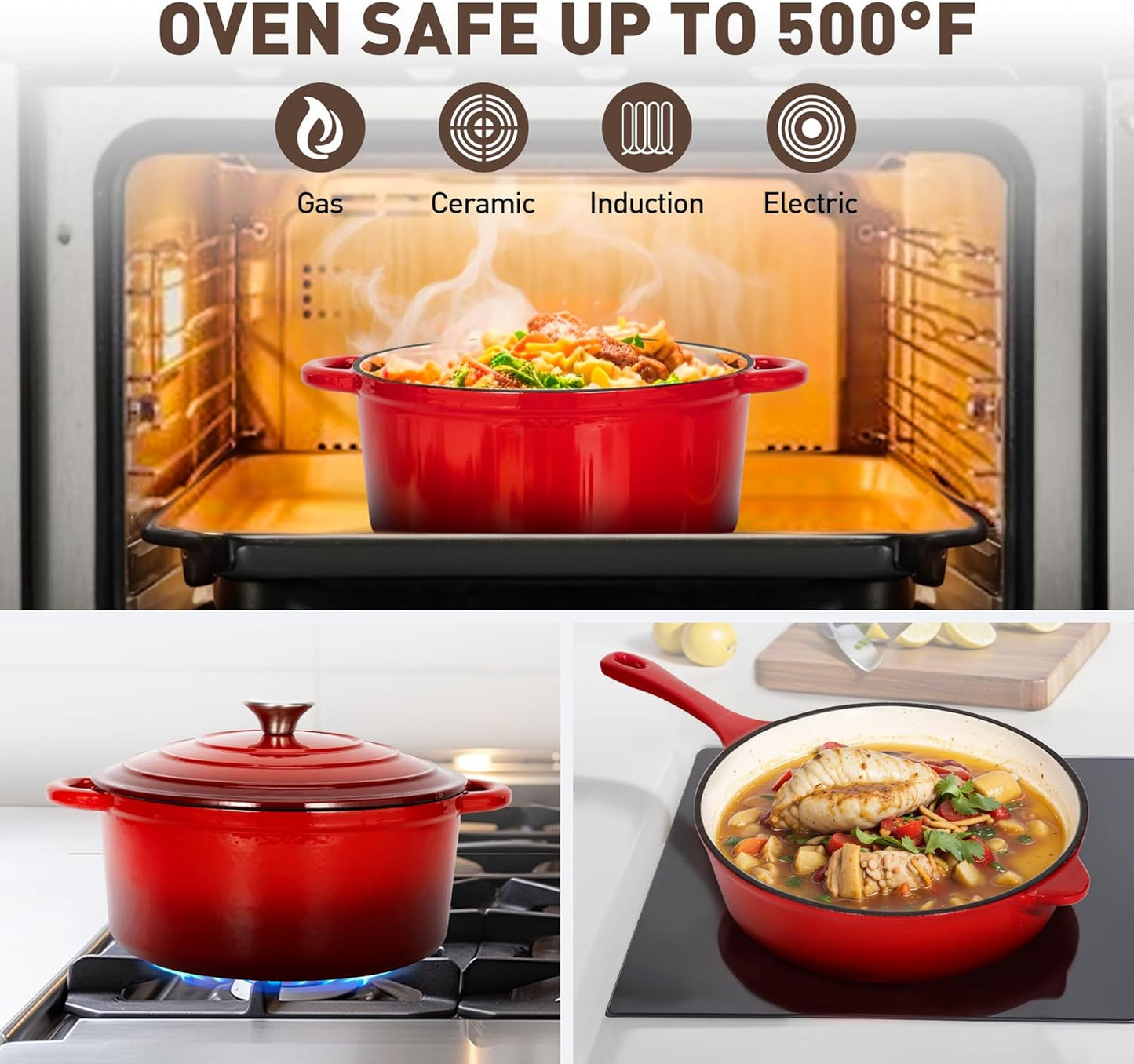 MAISON ARTS Enamel Cast Iron 7 Piece Cookware Set, Heavy Duty Dutch Ovens Pot with Lid, Red Non Stick Pots and Pans Sets, Oven Safe up to 500°F