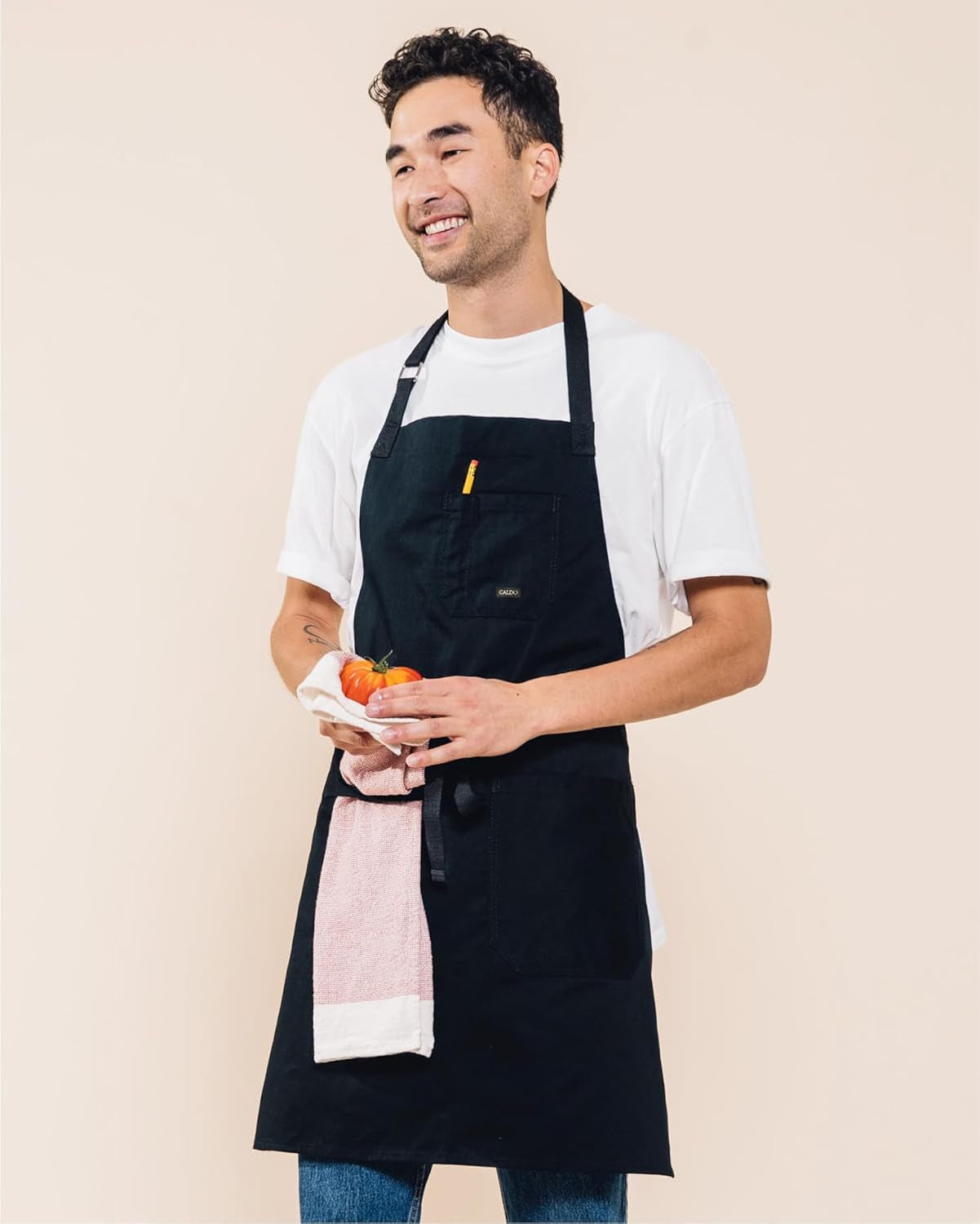 Caldo Daily Cotton Kitchen Apron for Cooking- Mens and Womens Professional Chef or Server Bib Apron - Adjustable Straps with Pockets and Towel Loop (Black)