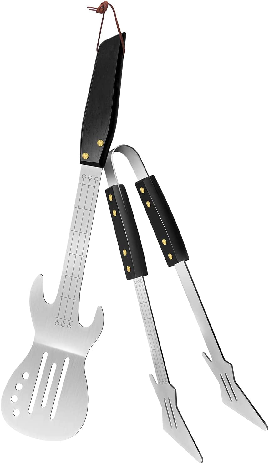 PEPKICN Rock Guitar Style Heavy Duty Stainless Steel 2-Piece Barbecue Tool Set - Spatula & Tongs with Wooden Handle