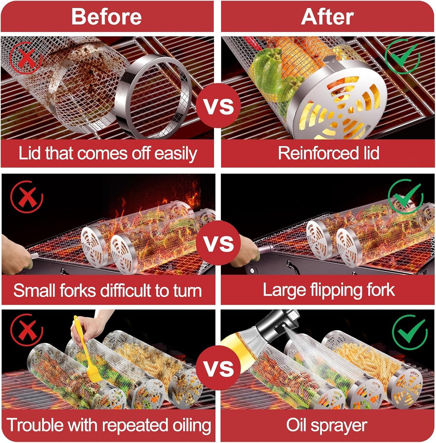 Grill Basket 2 PCS, Rolling Grill Baskets for Outdoor Grill, Grilling Accessories, Stainless Steel BBQ Net Tube Baskets with Oil Sprayer for Veggies, Shrimp, Grilling Gifts for Men