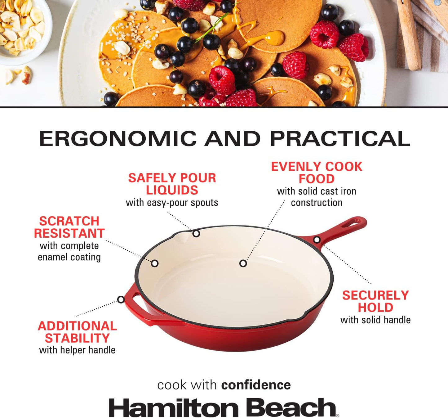 Hamilton Beach Enameled Cast Iron Fry Pan 12-Inch Red, Cream Enamel Coating, Skillet Pan for Stove Top and Oven