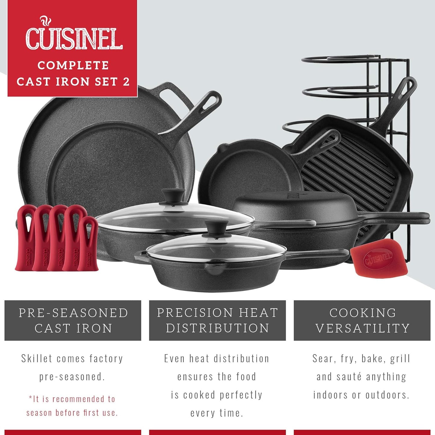 Cast Iron Cookware Set - 17-Piece Pre-Seasoned Kit - 8" Skillet + 10"+12" Skillets with Glass Lid + Grill Pan + Multi-Cooker/Dutch Oven + Flat Griddle + Pizza Pan + Pan Rack Organizer - Indoor/Outdoor