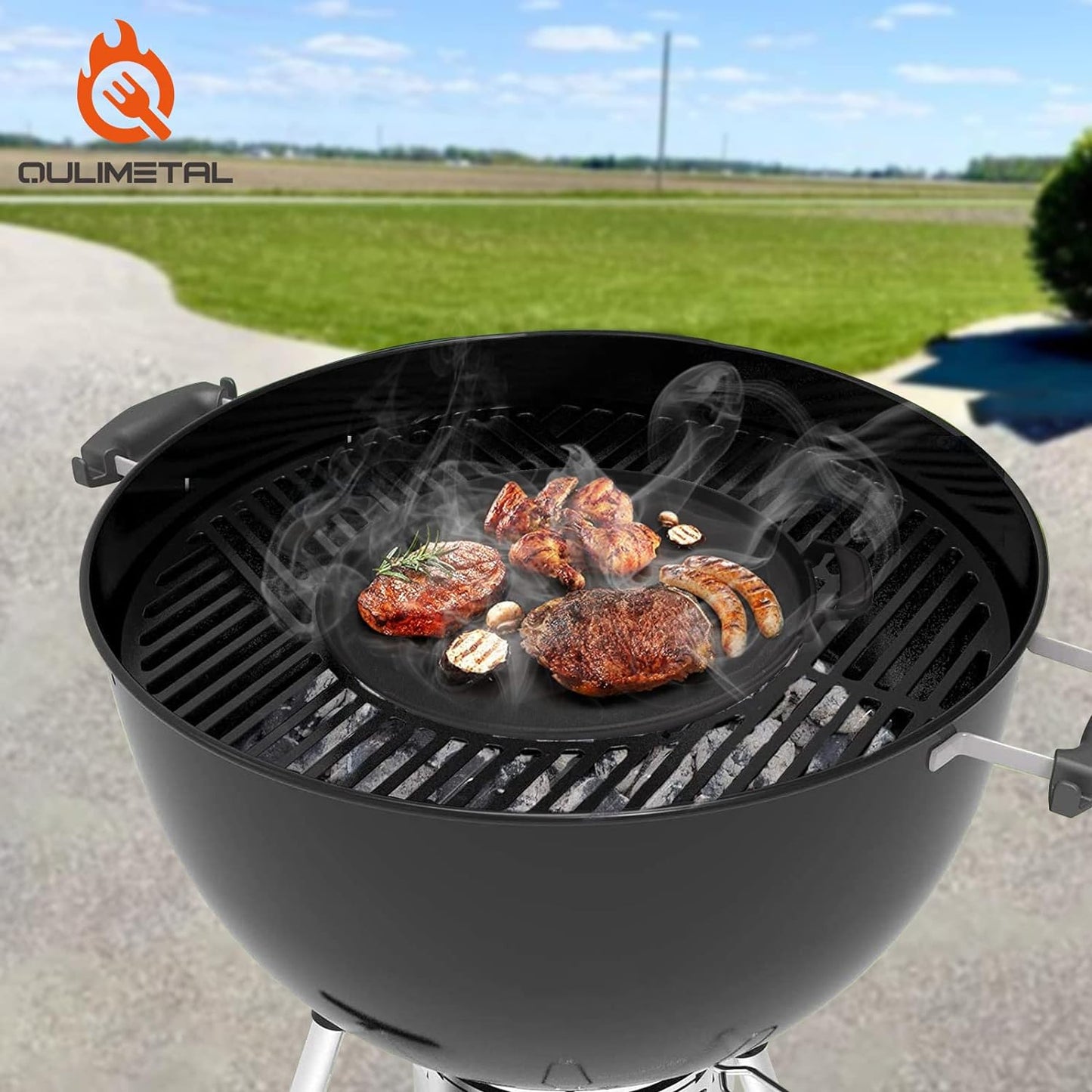 Qulimetal 7421 Gourmet BBQ System Griddle for Weber 22 1/2 Inch Charcoal Grills, Cast Iron Griddle Weber Original Kettle Premium 22.5'' Smokers, Performer Premium Grill