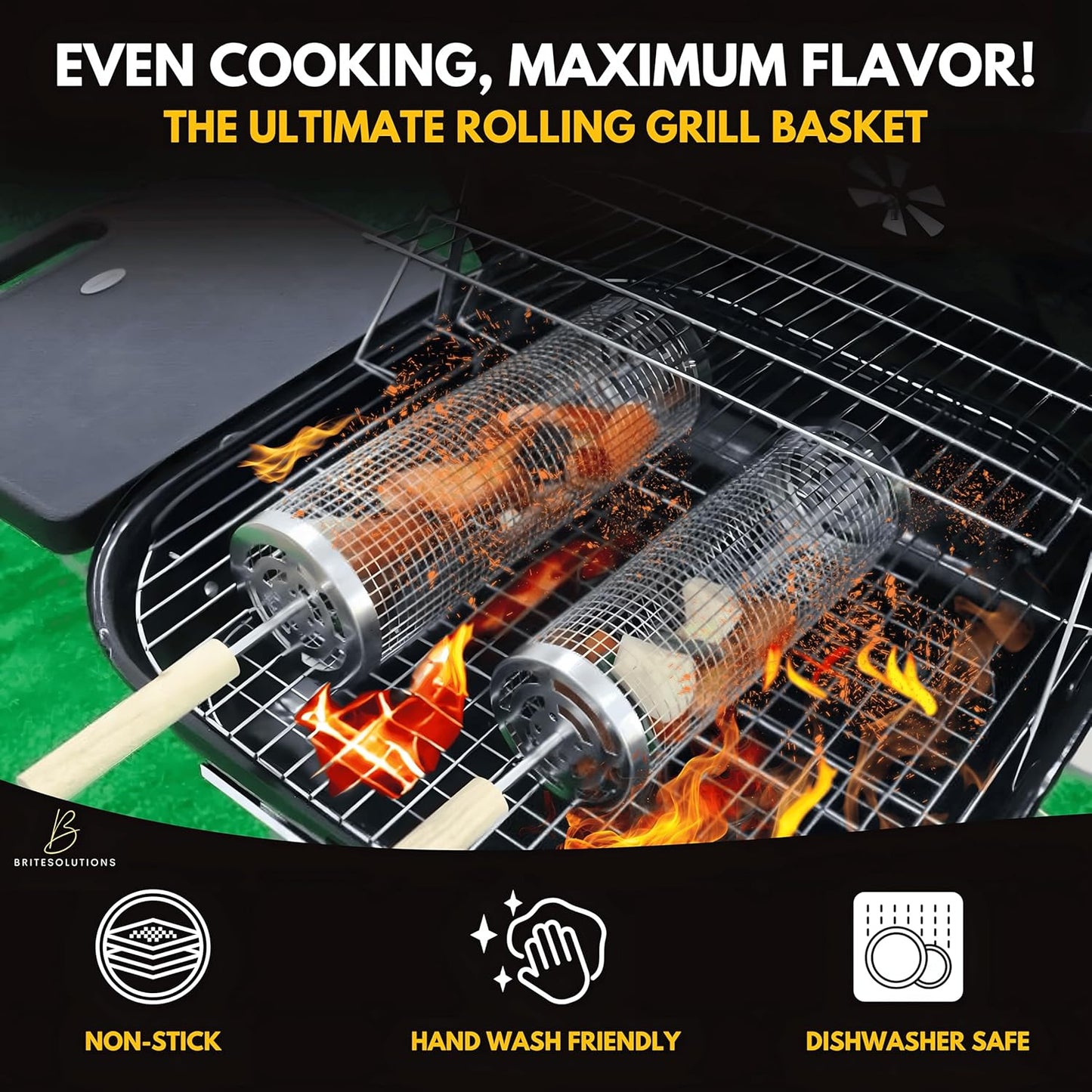 Lockable Nesting Grill Baskets for Outdoor Grill(2Pcs) - Detachable Handle - Hinge Lock Lid - Heavy Duty Stainless Steel Rolling Grilling Basket - Vegetable Grill Basket - Perfect BBQ Gift & Accessory