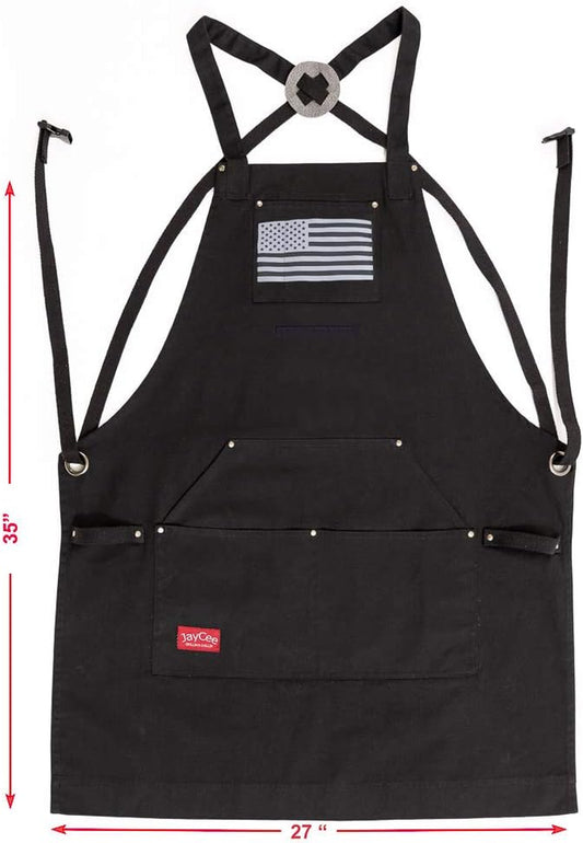 Jaycee Apron for BBQ, Grill, Chef, Hobby and Workshop, 5 Pockets, Cross-Back, 2 Tool/Towel Loops, 10 Oz Cotton, Great Gift
