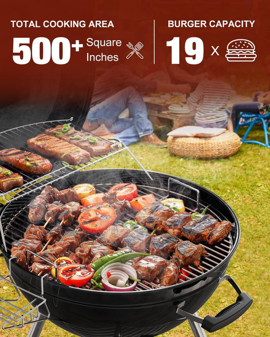 22 Inch Premium BBQ Charcoal Grill, Outdoor Barbecue Kettle Grill, Smoker Grills over 500 Square Inches 2-Tier Cooking Space, Perfect for Outdoor BBQ Party and Patio, Black