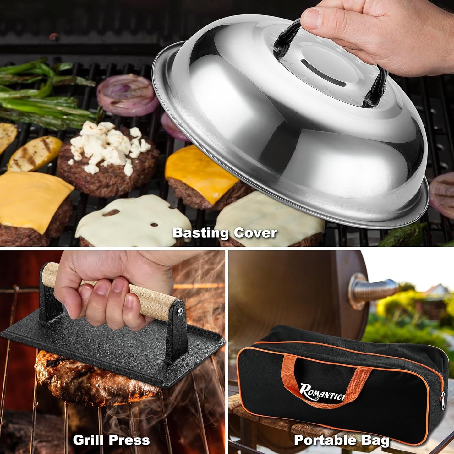ROMANTICIST 19PCS Griddle Accessories Set - Flat Top Teppanyaki Spatula Set with Scraper, Basting Cover for Camp Chef- Home Cooking Griddle and Outdoor BBQ Gifts for Christmas