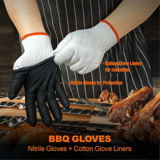 BBQ Gloves for Grilling Disposable Heat Resistant - 100 Nitrile Gloves + 4 Reusable Cotton Liners for Barbecue Smoker, Cooking Hot Meat - 10Mil Thick, Non-Slip Grip - Black Large