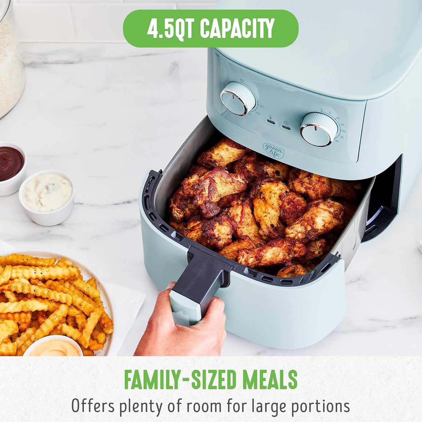 Greenlife 4.5QT Mechanical Air Fryer, Pfas-Free Ceramic Nonstick Crisper Drawer, Adjustable Temperature Timer Dial, LED Indicator, Holiday Gifting, Dishwasher Safe, Kitchen Essential, Blue Haze